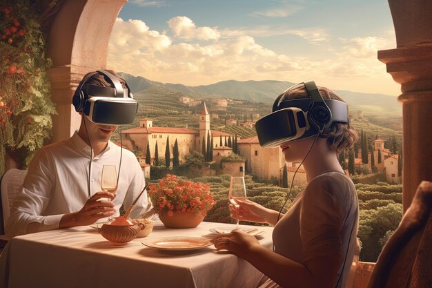 ein Paar in Virtual-Reality-Gläsern sitzt an einem Tisch mit einem Topf Wein und einem Topf Blumen