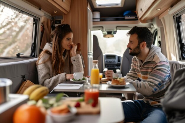 Foto ein paar isst in einem voll ausgestatteten camper van getaway-konzept