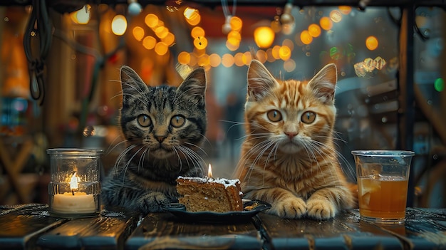 Ein Paar Katzen sitzen an einem kleinen Tisch am Fenster des Cafés