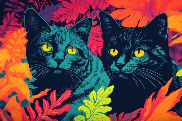 Ein paar Katzen sitzen nebeneinander. Digitales Bild. Buntes, lebendiges Bild im Pop-Stil