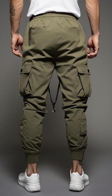 ein Paar Khaki-Hose mit einem schwarzen Schnürsenkel um die Taille