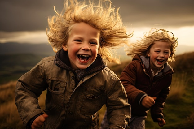 Ein paar Kinder, die im Gras stehen