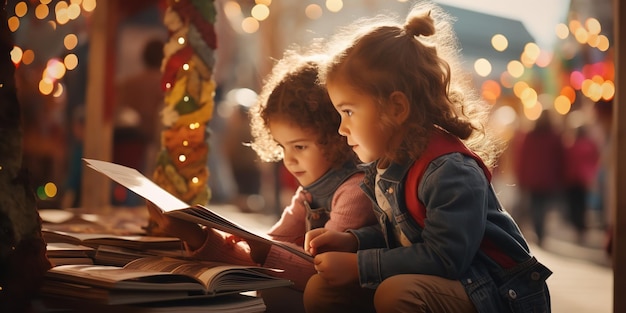 Foto ein paar kinder kaufen bücher auf einer buchmesse generative ai