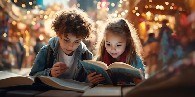 Foto ein paar kinder kaufen bücher auf einer buchmesse generative ai