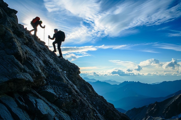 Ein Paar Kletterer, die die steilen Hänge eines Berges mit Entschlossenheit und Geschicklichkeit besteigen Ein Trekker, der einem Gefährten hilft, einen steilen Berg zu erklimmen