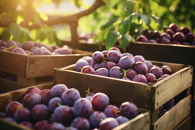 Ein paar Körbe mit frischen Pflaumen in einem Obstgarten