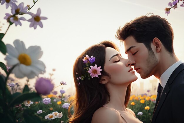 Ein Paar küsst sich auf einer Blumenwiese