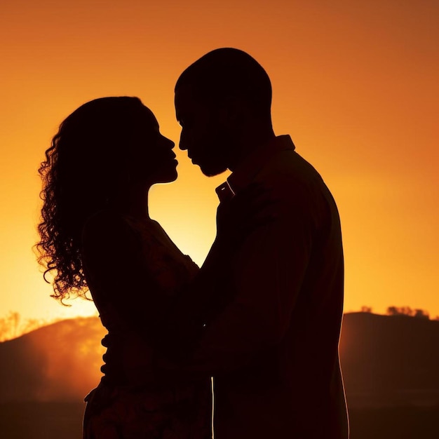 ein Paar küsst sich vor einem Sonnenuntergang
