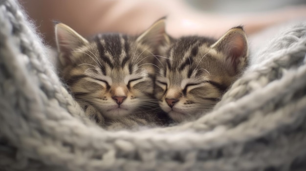 Ein Paar kuscheliger Kätzchen, die sich aneinander gekuschelt haben. KI generiert