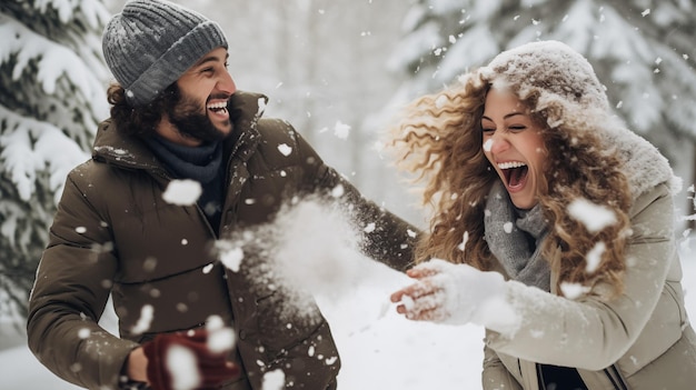 Foto ein paar lacht im schneefight