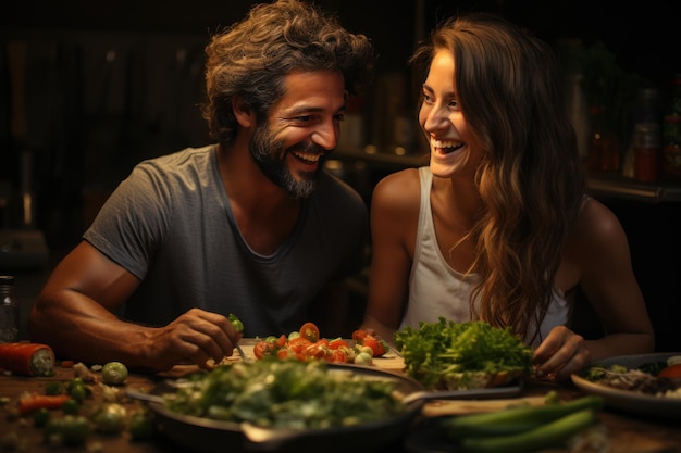 Ein Paar lacht in einem fröhlichen Kochunterricht, lernt ein neues Gericht, trifft sich am Valentinstag und schlägt sich vor.