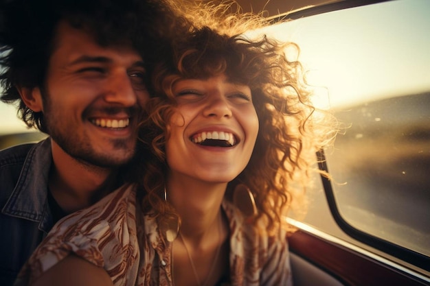 Ein Paar lächelt, während es in einem Auto sitzt und lächelt.