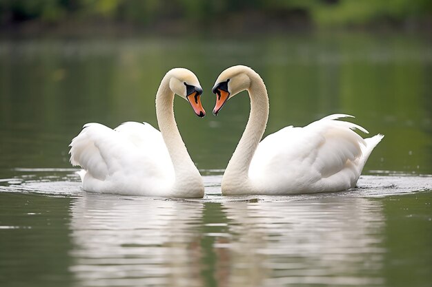 ein Paar liebevoller Schwäne, die zusammen in einem von der KI generierten Teich schwimmen