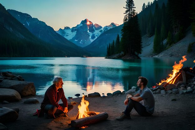 Ein paar Männer sitzen am Lagerfeuer und schauen auf die Berge.