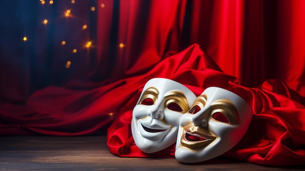 Ein Paar Masken mit einem roten Vorhang dahinter