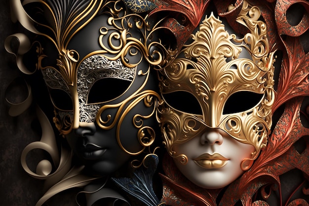 Foto ein paar masken mit goldenen und roten farben