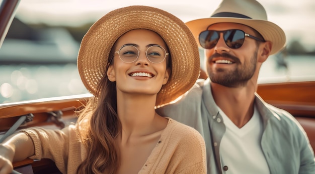 Ein Paar mit Hut und Sonnenbrille sitzt auf einem Boot