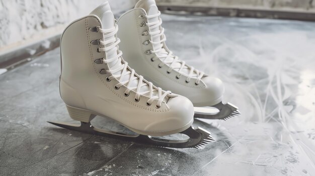 Foto ein paar neue weiße eiskunstschuhen auf dem eis