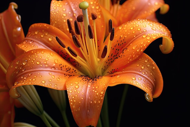 Ein Paar orangefarbene und gelbe Lilien mit Wassertropfen darauf