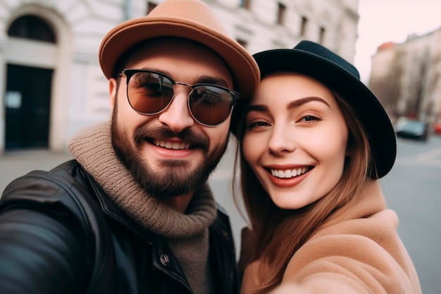 Ein Paar posiert für ein Foto mit einem Mann, der einen Hut und eine Sonnenbrille trägt