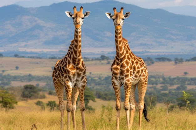 Ein Paar prächtige Giraffen stehen hoch in der malerischen afrikanischen Savanne