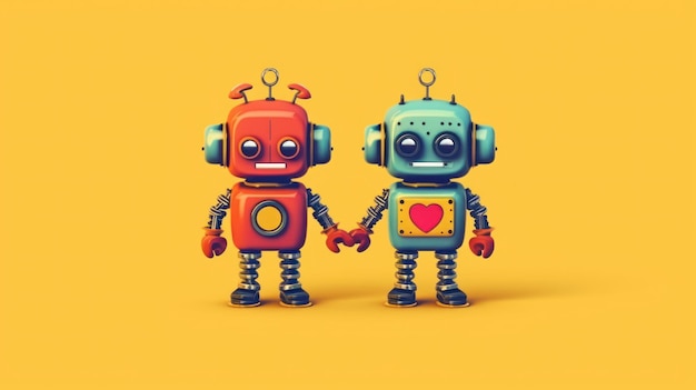 Ein paar Roboter halten sich an den Händen, einer davon sagt Liebe auf gelbem Hintergrund