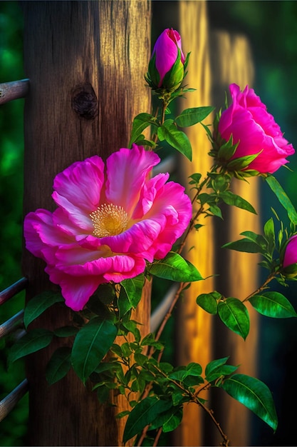 Ein paar rosafarbene Blumen sitzen auf einem generativen Holzpfahl