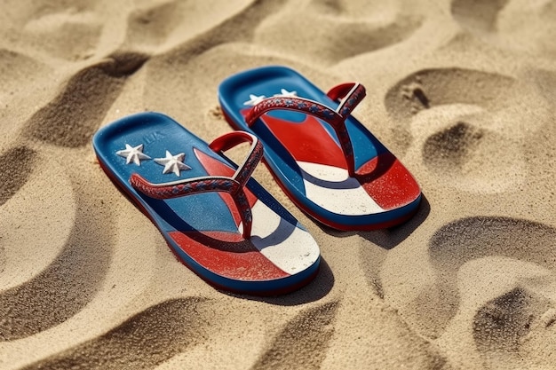 Ein Paar rot-weiß-blaue Flip-Flops mit dem Wort „USA“ darauf.