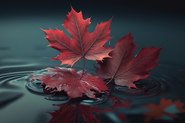 Ein paar rote Blätter, die auf einem Gewässer schwimmen Generative KI