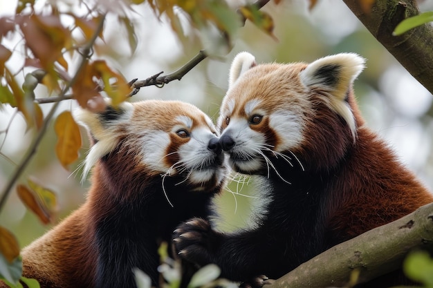 Foto ein paar rote pandas spielt in den bäumen