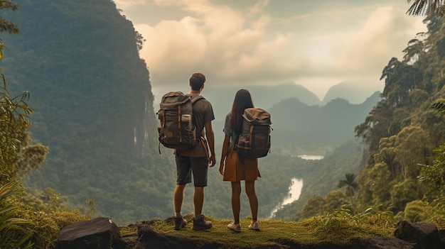 Ein paar Rucksacktouristen stehen auf einer Klippe und blicken auf ein Tal