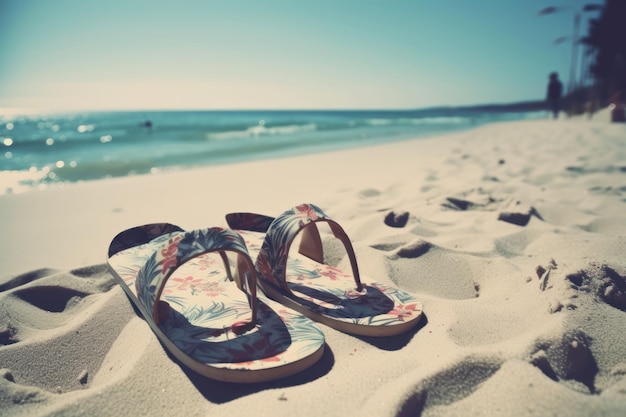 Ein Paar Sandalen an einem Strand mit dem Meer im Hintergrund