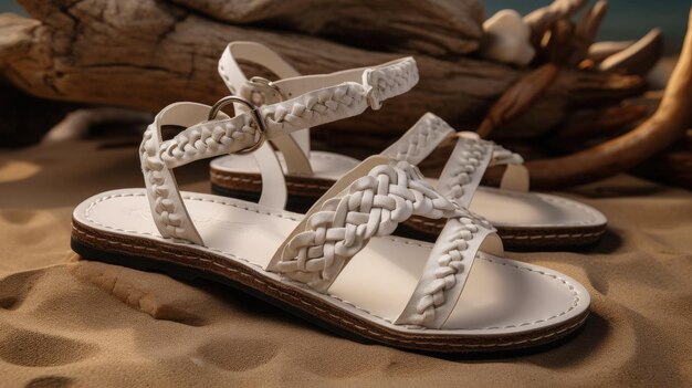 Ein Paar Sandalen mit dem Wort Strand darauf