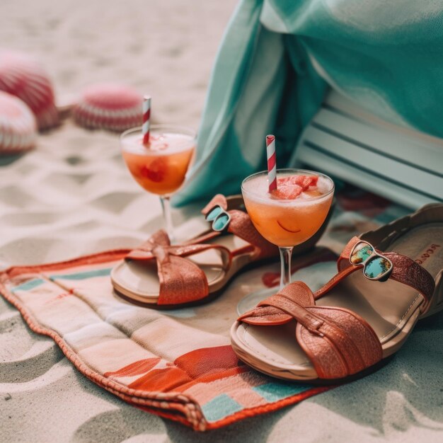 Ein Paar Sandalen und Cocktails auf einem Strandtuch. Generatives KI-Bild
