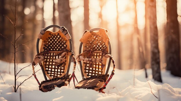 Foto ein paar schneeschuhe bereit für eine wanderung