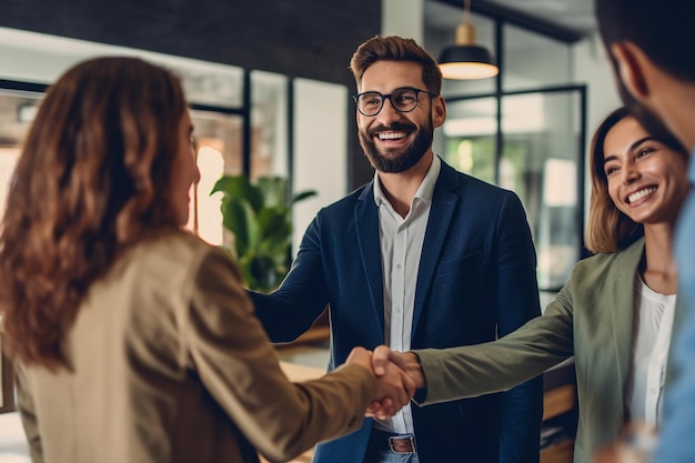 Ein Paar schüttelt sich die Hand, um einen Deal in einem Büro zu besiegeln