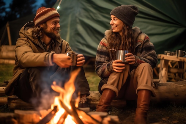 Ein Paar sitzt am Lagerfeuer und trinkt Kaffee.