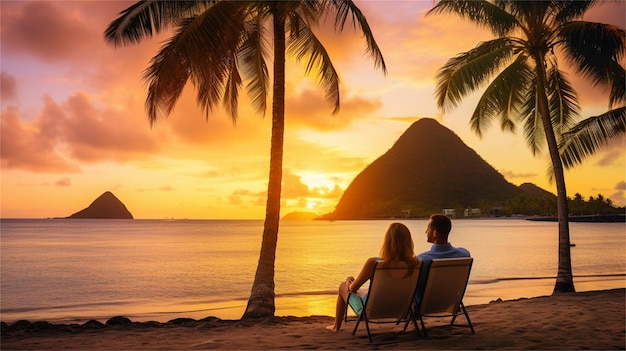 Ein Paar sitzt am Strand und beobachtet den Sonnenuntergang.