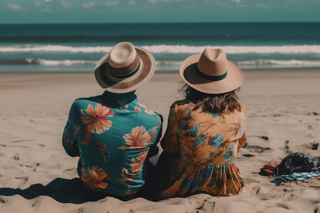 Ein Paar sitzt am Strand und blickt auf das Meer.