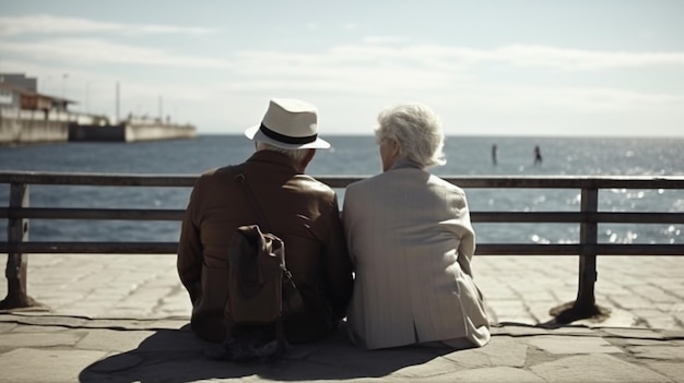 Ein Paar sitzt auf einem Pier und blickt aufs Meer.