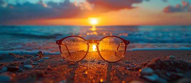 ein Paar Sonnenbrille, das sich am Strand befindet