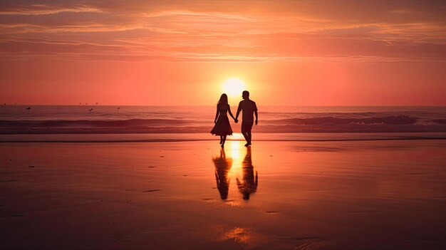 Ein Paar spaziert bei Sonnenuntergang am Strand entlang und ihre Silhouetten tauchen auf