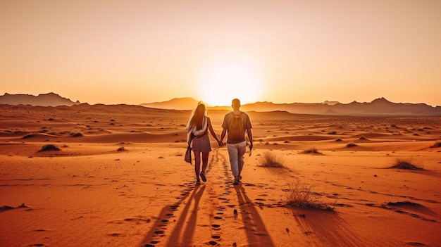 Ein Paar spaziert in der Abenddämmerung durch die Sahara. Eine Rückansicht. Reisen. KI GENERIEREN