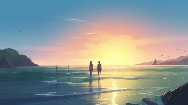 Ein Paar steht am Strand und blickt auf den Sonnenuntergang.