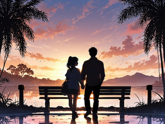 ein Paar steht auf einer Bank und die Sonne geht hinter ihnen unter