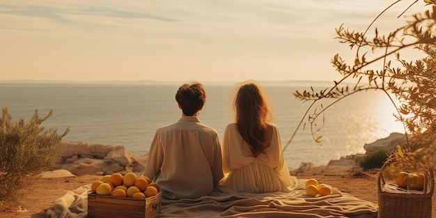 Ein Paar steht neben einem Obstkorb und sitzt auf einer Decke im Seaside-Stil