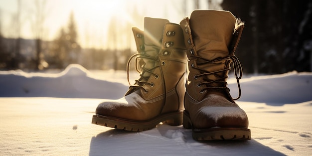 Ein Paar Stiefel liegen im Schnee.