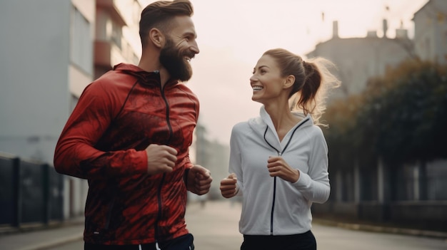 Ein Paar streckt sich im Freien vor dem Morgenlauf aus. Ein hübscher bärtiger Mann und eine attraktive sportliche Frau laufen auf der Straße.