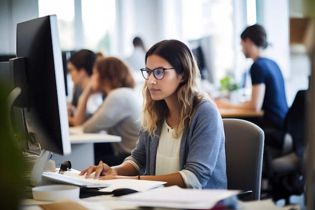 Ein paar Studenten arbeiten mit Laptops an einem Schreibtisch mit unwirklicher Maschine