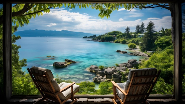 ein paar Stühle, die vor einem Fenster sitzen Fensterblick vom Fenster des Resorts